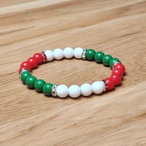 Handmade Christmas Beaded Stretch Bracelet Rhinestones Red White Green